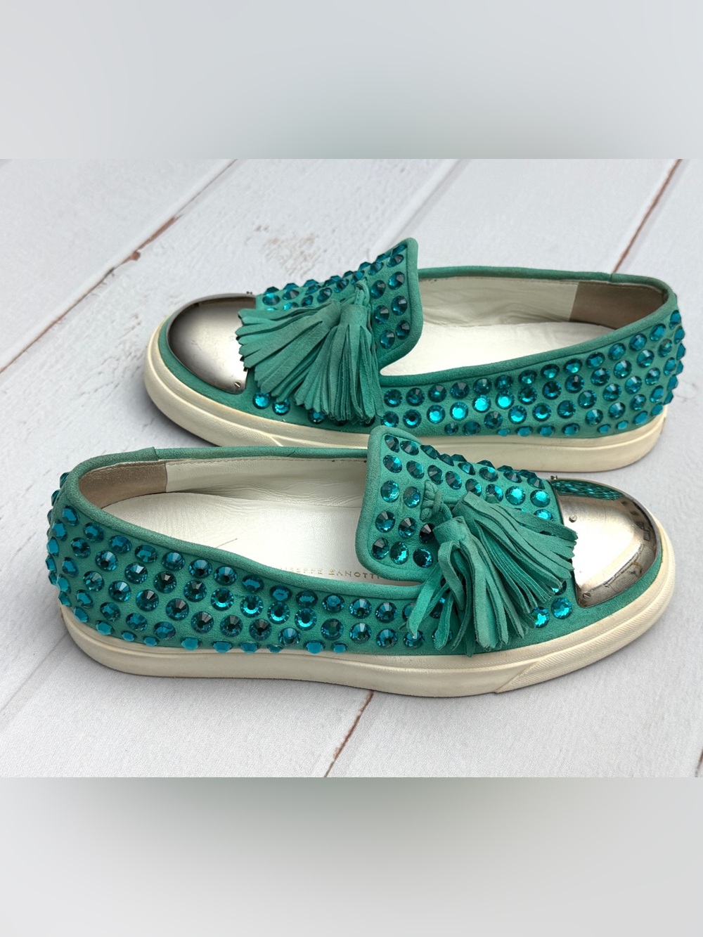 Giuseppe Zanotti Crystal Tassel Loafers Turquoise Suede Size EU 38 (US 8) Italy - Picture 2 of 12